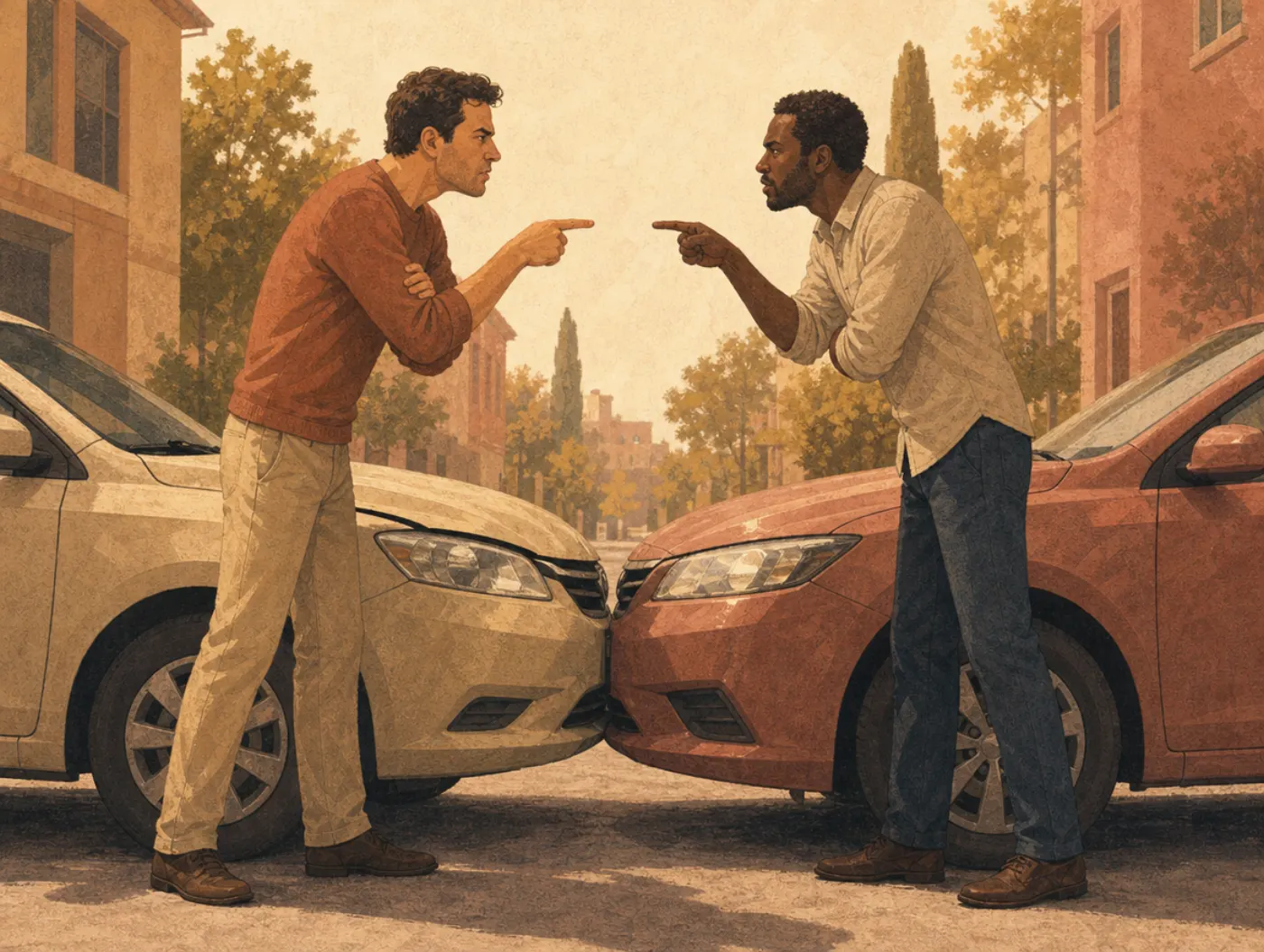 Bias blind spot: two drivers after a fender-bender each point accusingly at the other's car, mirroring the same certainty.