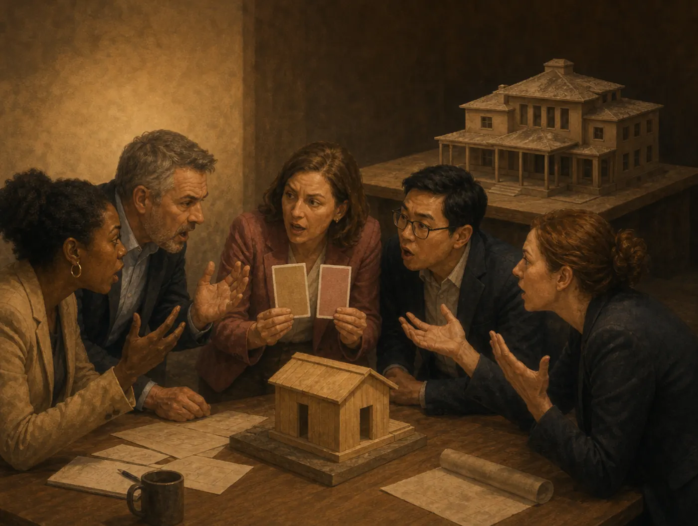 Bike-Shedding Effect: coworkers crowd around a tiny shed model arguing over paint color while a huge building model sits ignored behind them.