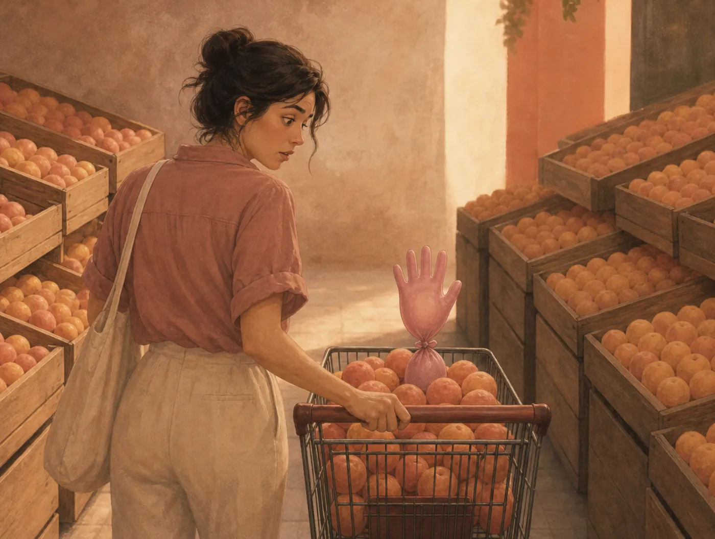 Bizarreness effect: a shopper's eye catches an inflated rubber glove among rows of identical plain fruit.