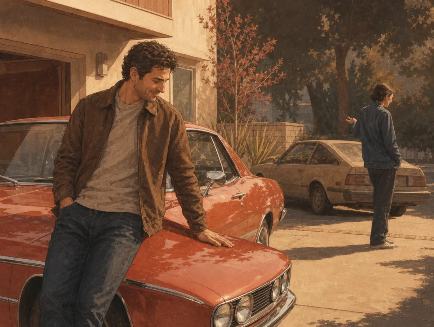 Choice-supportive bias: a man fondly touches the car he chose while the passed-over car sits dusty and ignored.