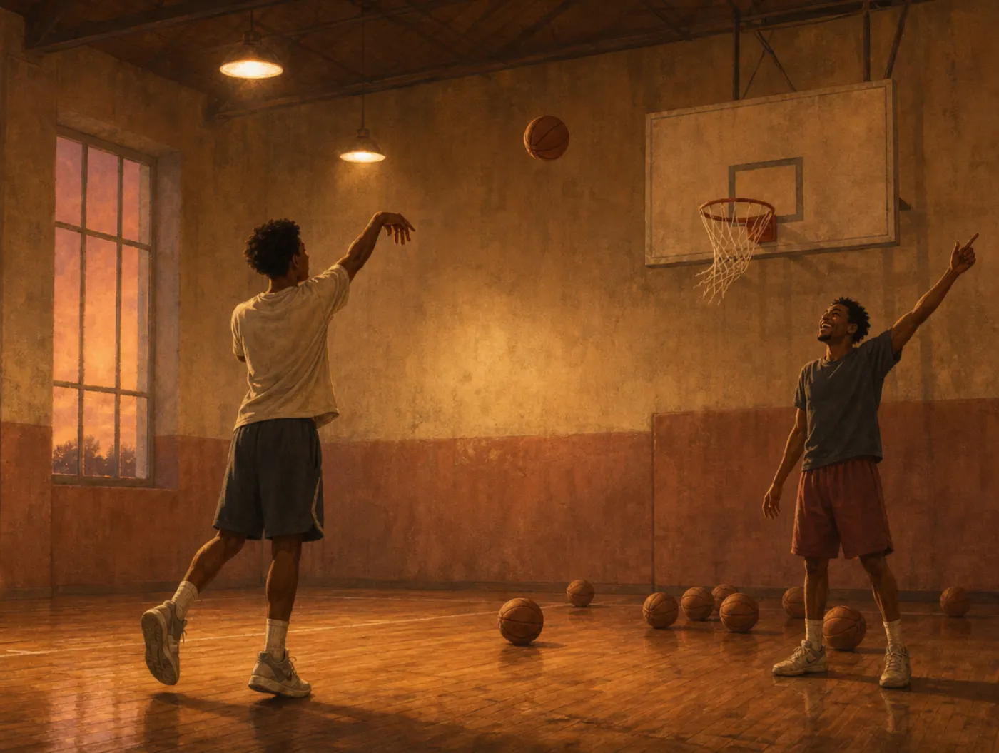 Clustering illusion: a basketball player mid-shot as a teammate points, reading a hot streak into random makes.