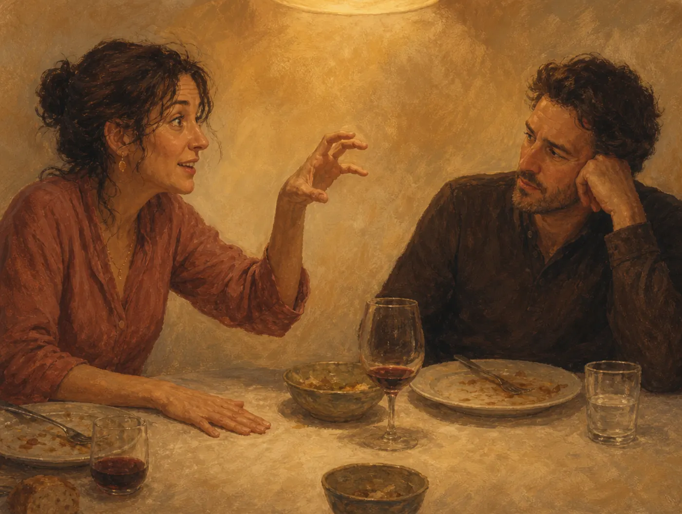 Confabulation: a dinner guest retells a story with total confidence while a listener looks quietly unconvinced.