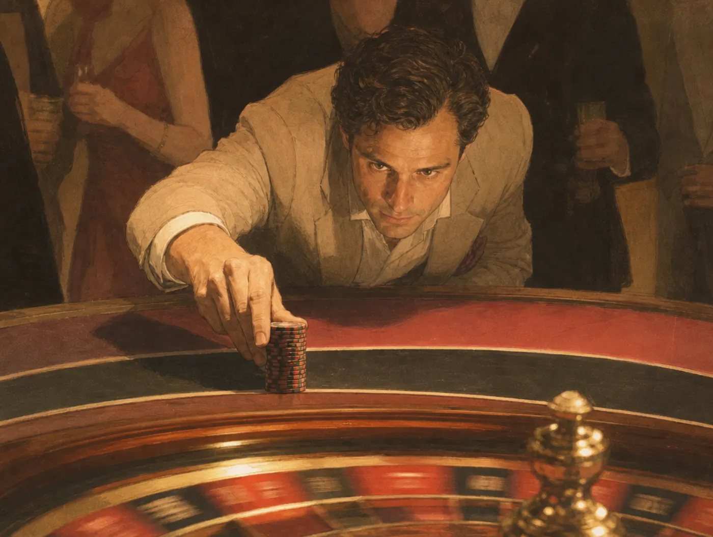 Conjunction fallacy: a gambler stakes chips on two outcomes meeting, ignoring the larger single outcome beside it.