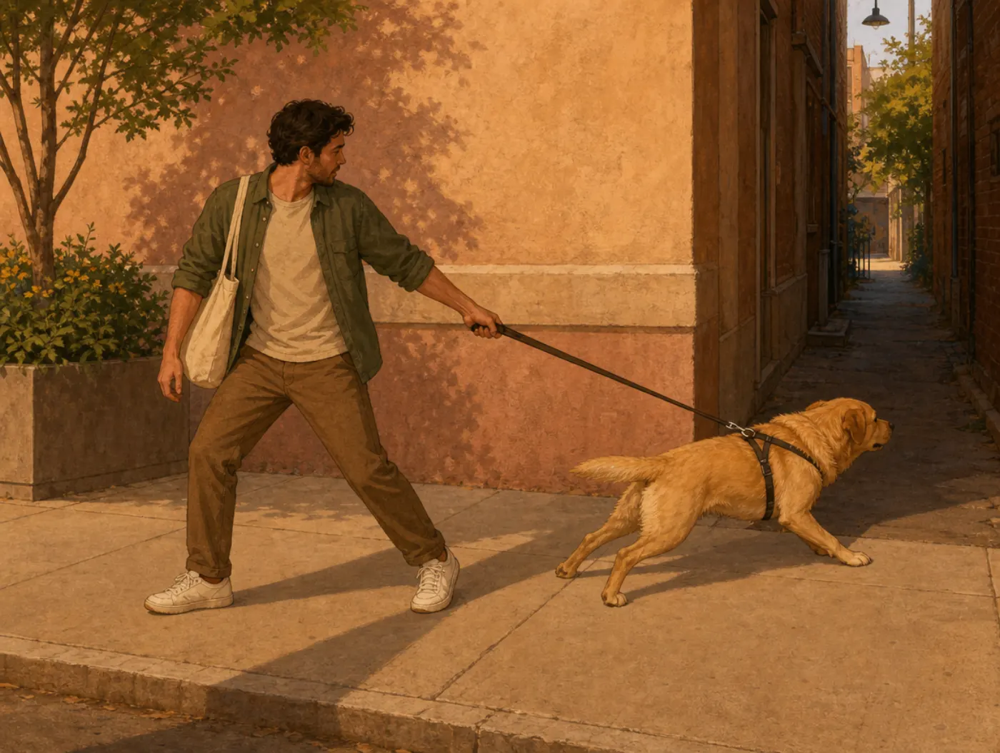 Conservatism bias: a dog strains fully toward a new direction while the man holding its leash has only half-turned.