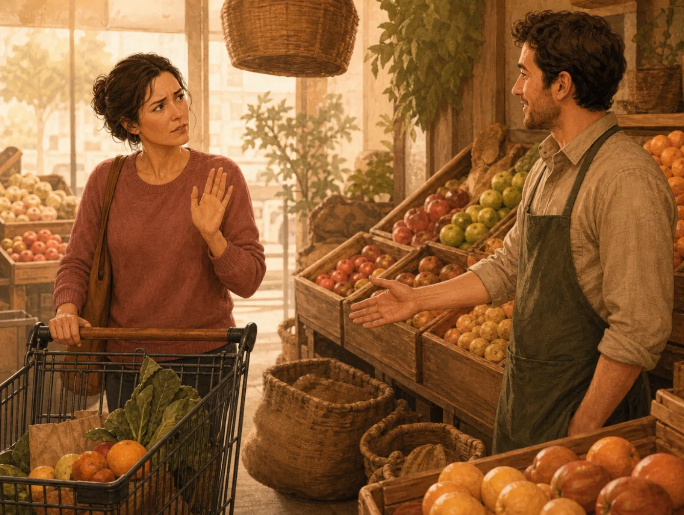Context effect: a woman hesitates, unable to recognize a familiar face seen outside its usual setting.