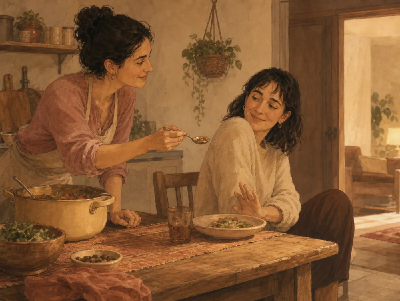 Continued Influence Effect: a nodding dinner guest still leans away and shields their plate from food just offered to them.