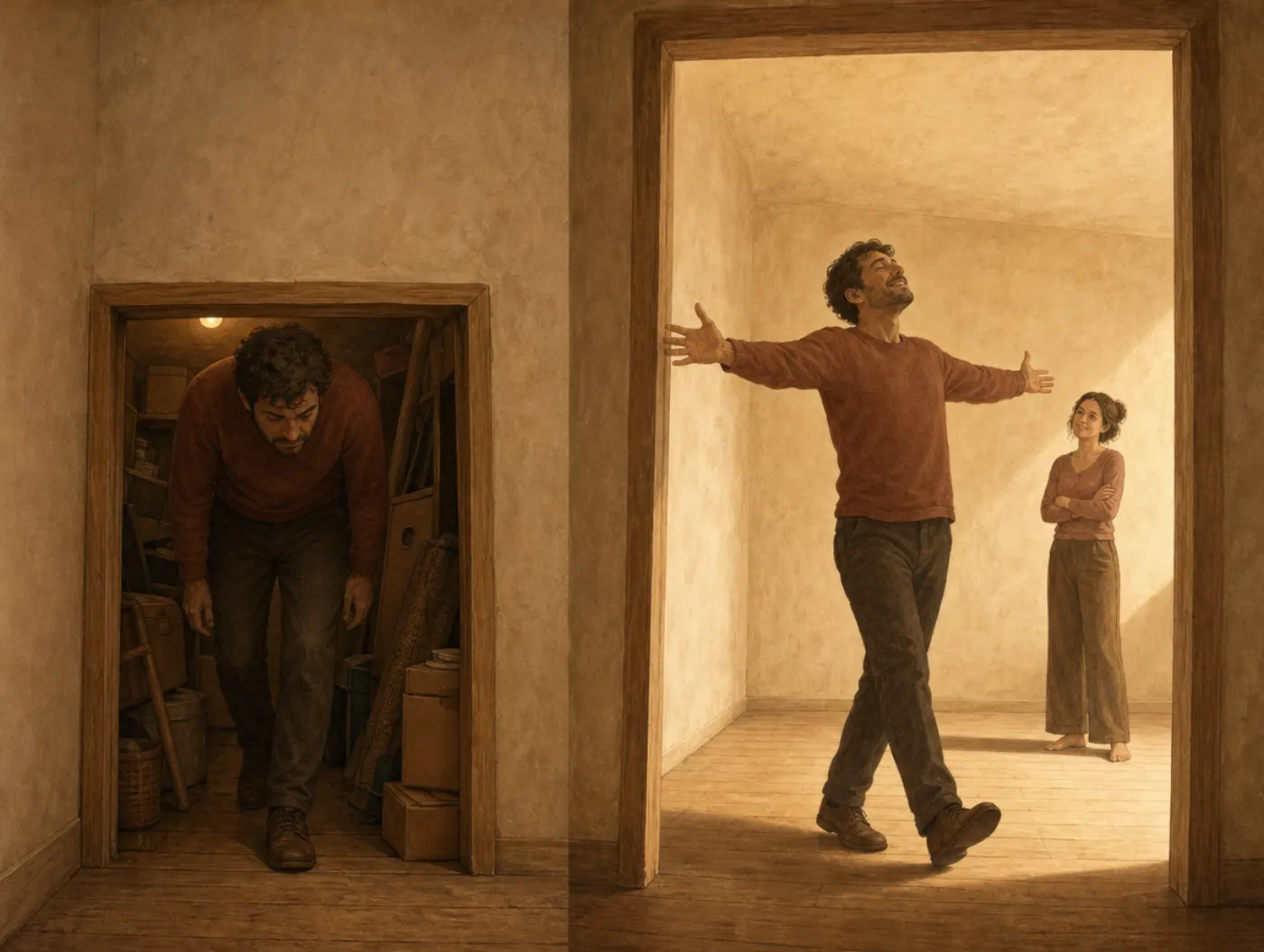 Contrast effect: a person steps from a cramped room into a plain one that now feels spacious, and their posture relaxes.
