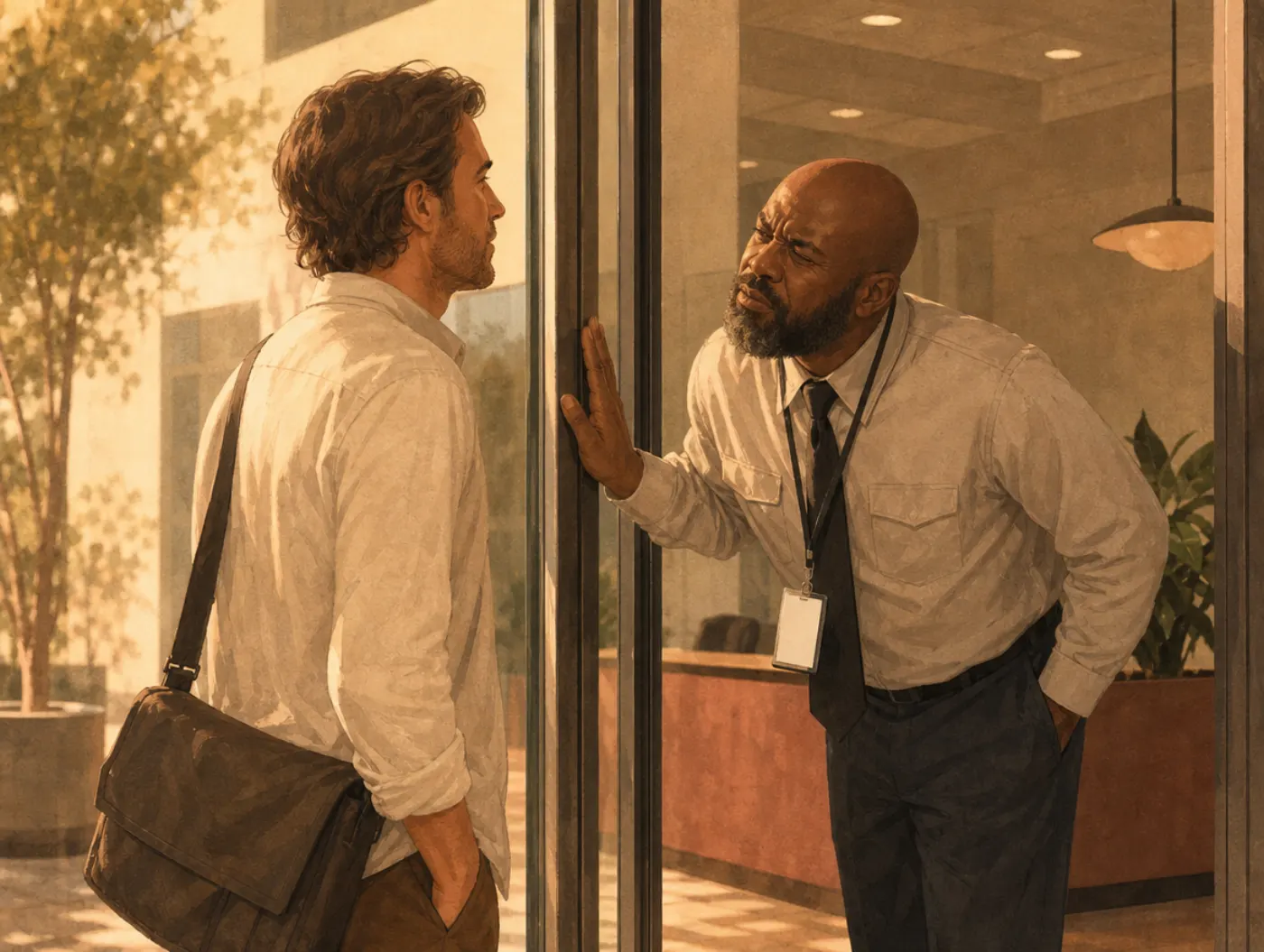 Cross-race effect: a security guard squints hard at a visitor's face, straining to recognize someone he has seen before.