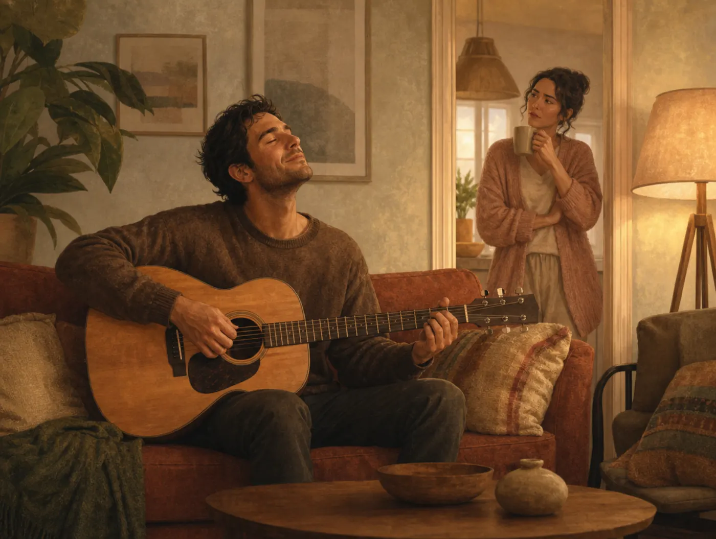 Cryptomnesia: a man plays guitar lost in inspiration while a woman in the doorway senses she's heard the tune before.