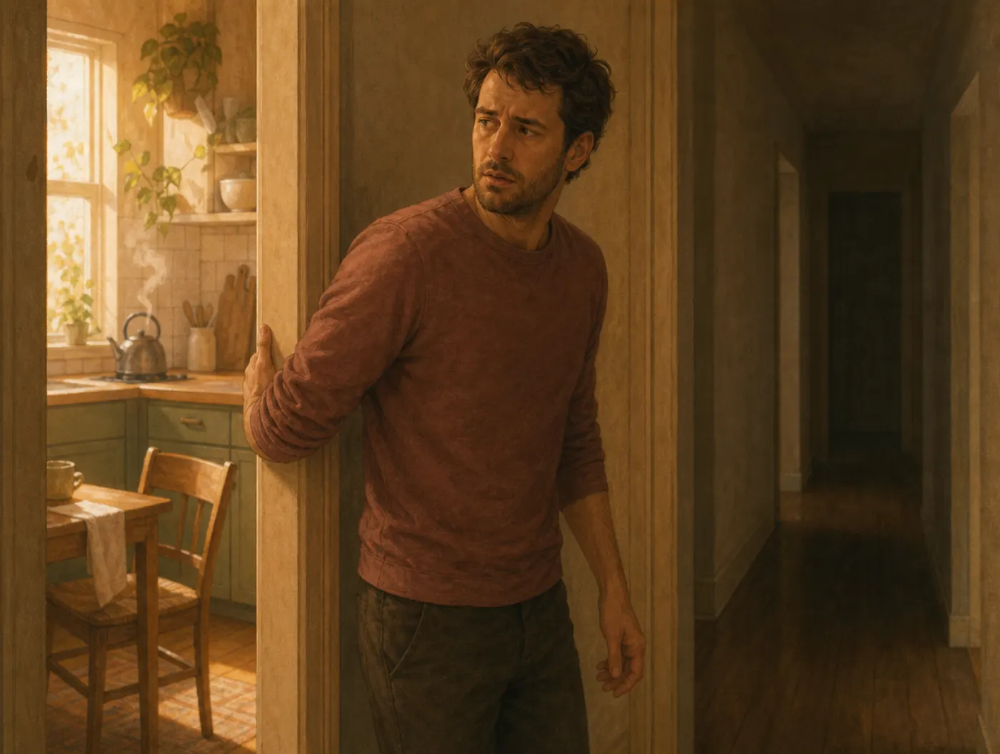 Cue-dependent forgetting: a man pauses in a doorway, twisting back toward the room he just left to recall a thought.