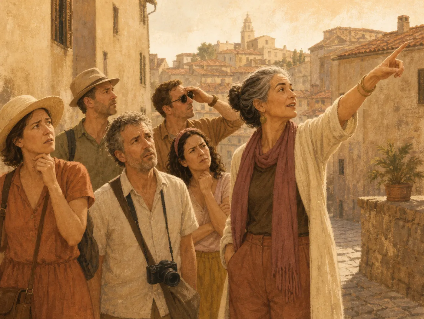 Curse of knowledge: a guide points confidently ahead while her tour group looks around, lost.