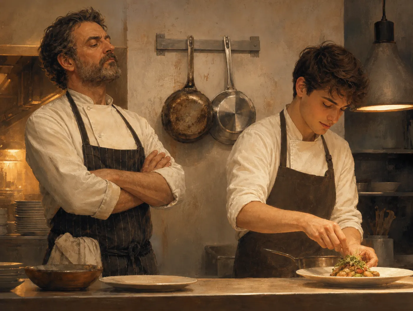 Declinism: a veteran cook crosses his arms, tense and skeptical, while a younger cook plates food with ease nearby.