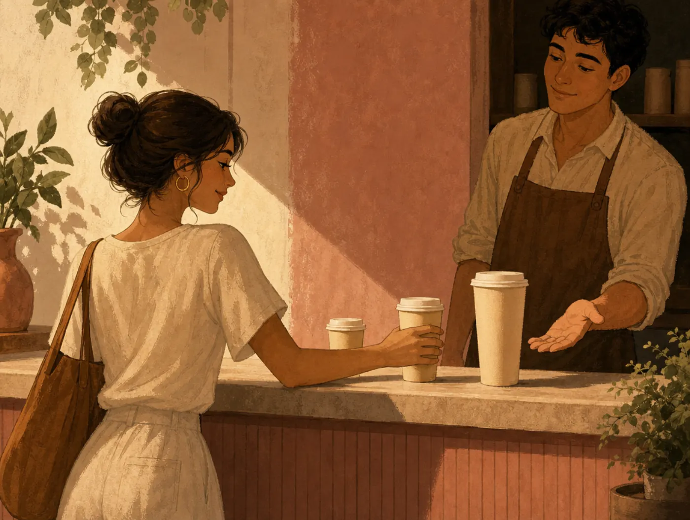 Decoy effect: a customer picks a mid-size cup over an oversized one on a café counter, decision already made.