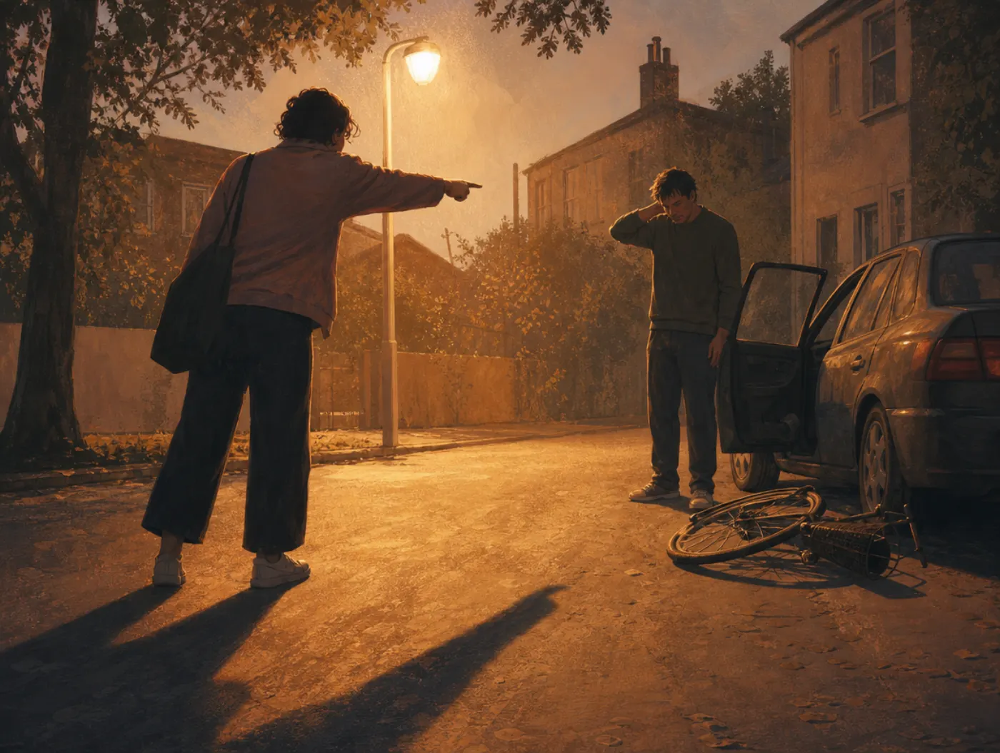 Defensive attribution hypothesis: a bystander points blame at a driver beside a fallen bicycle at dusk.