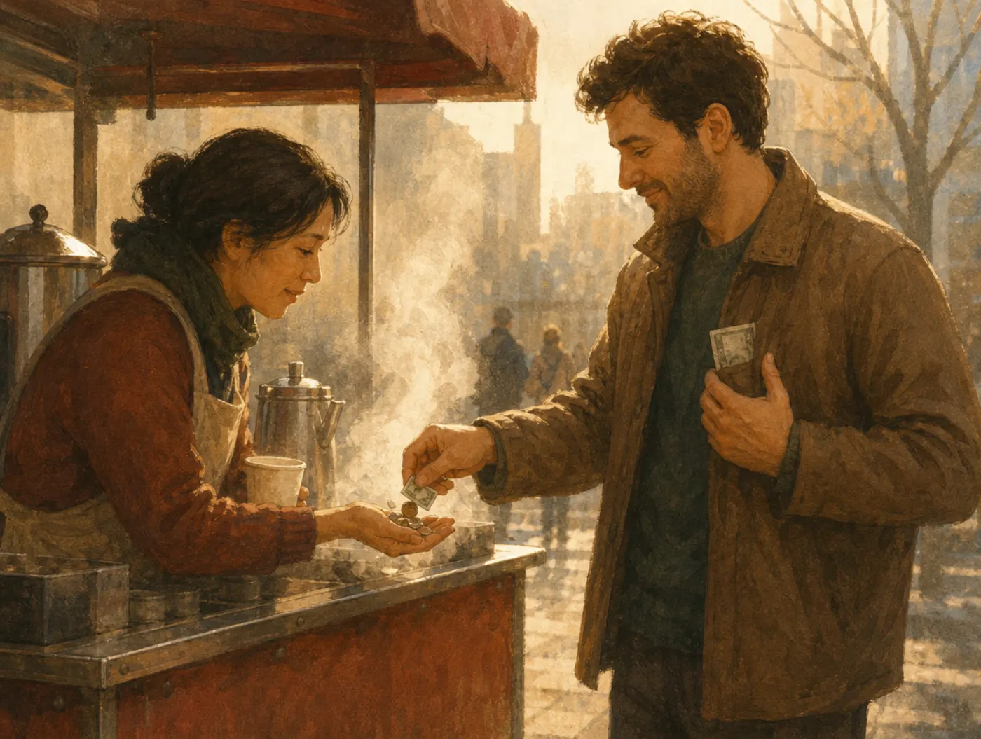 Denomination effect: a man freely pays with loose coins while keeping a folded large bill pressed untouched in his pocket.