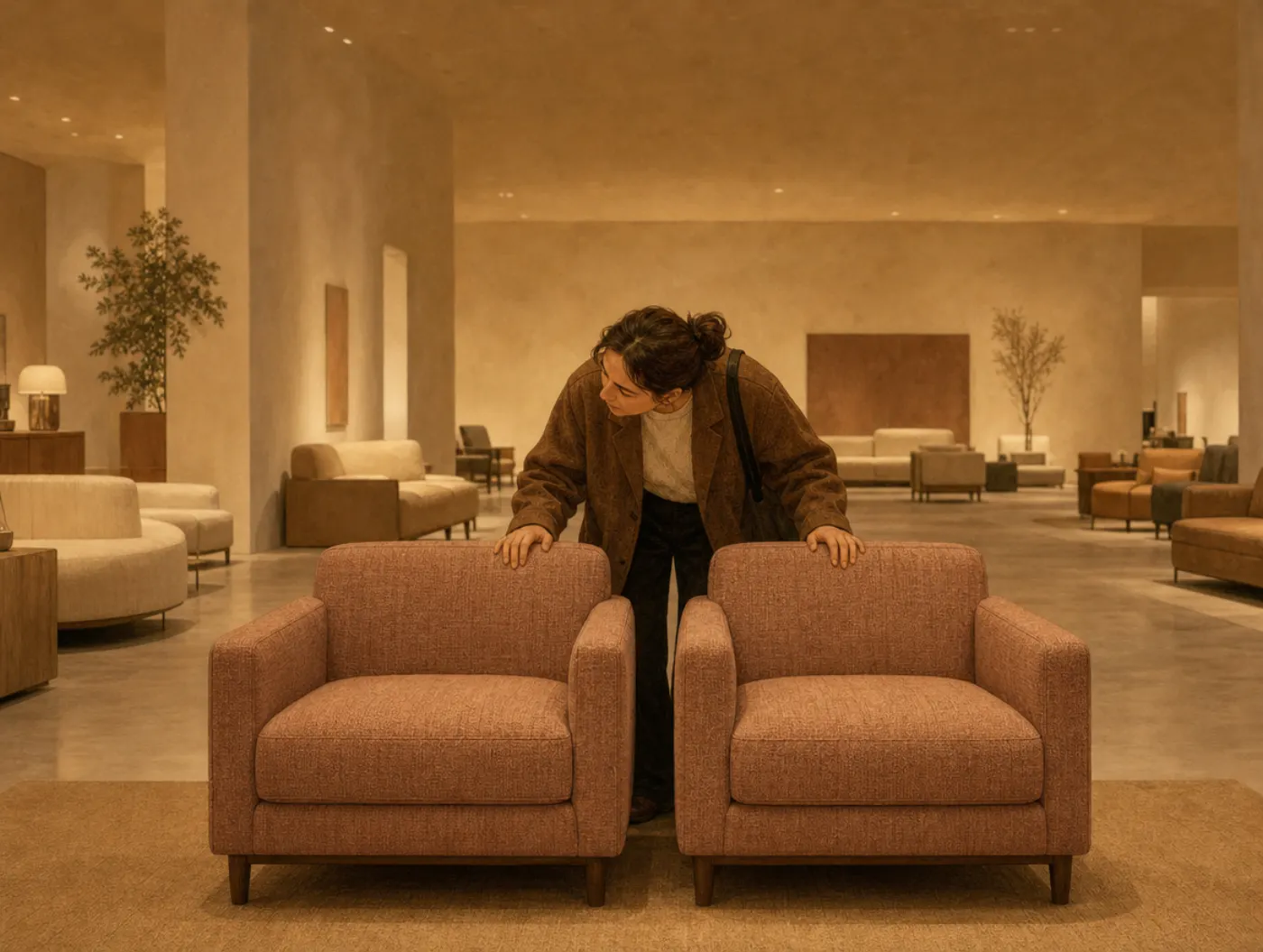 Distinction bias: a shopper leans tensely between two nearly identical armchairs, comparing them up close.