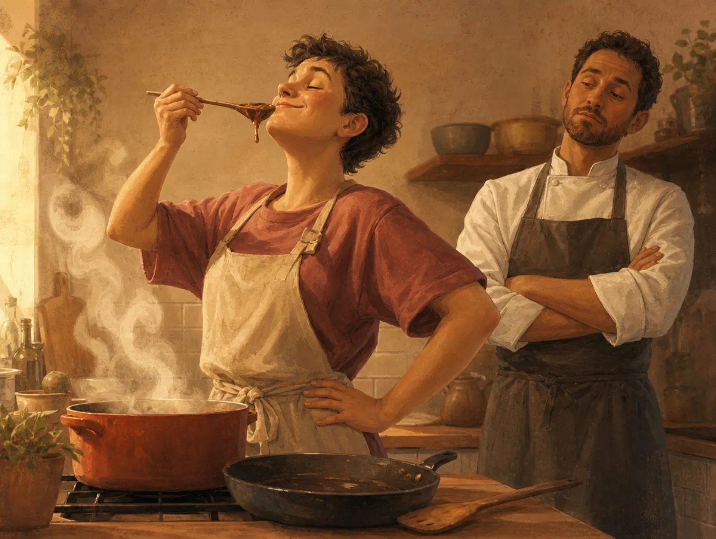 Dunning-Kruger effect: a home cook tastes their dish with triumphant pride while a professional chef looks on, unconvinced.
