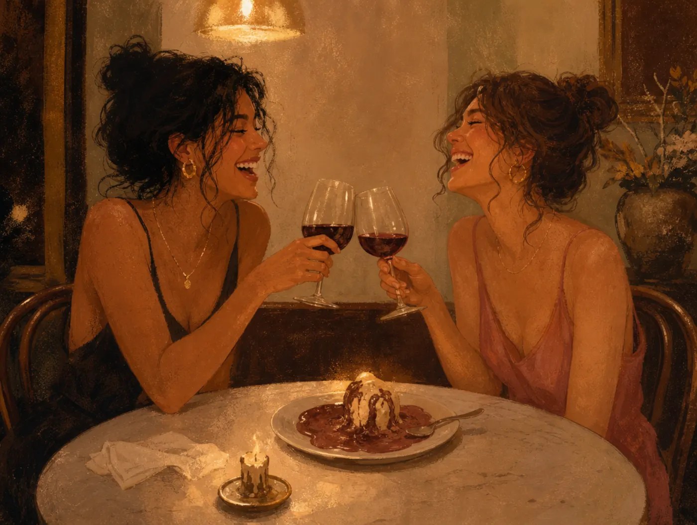 Duration Neglect: two friends toast over a melted dessert and a burned-down candle, lost in one moment, not the hours it took