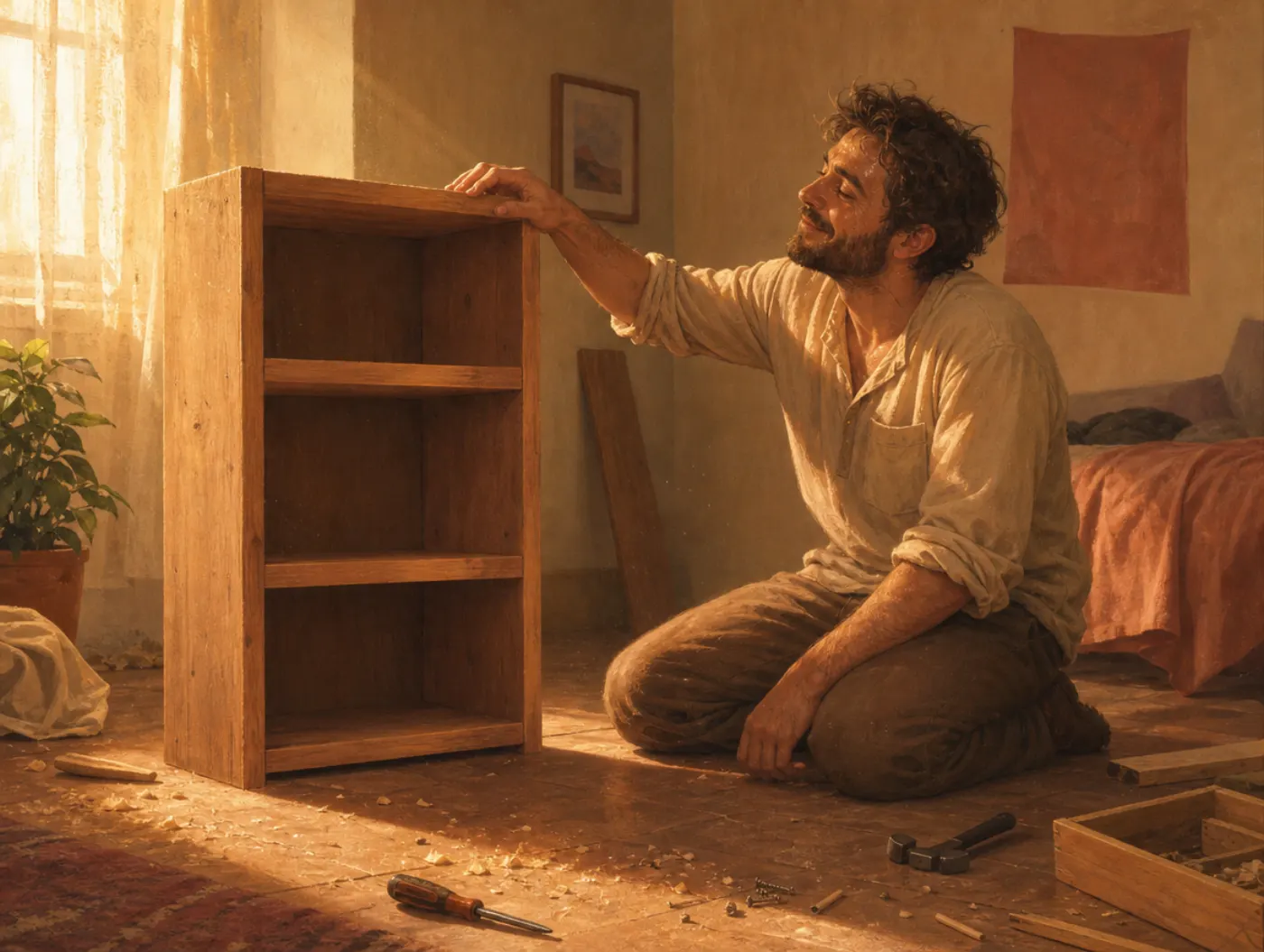 Effort justification: a sweaty man gazes proudly at a plain shelf he struggled to assemble himself.