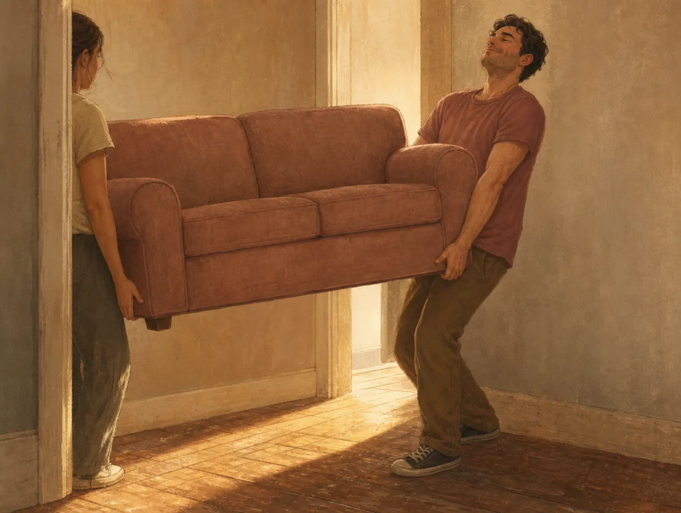 Egocentric bias: one person strains to carry a shared sofa as if doing all the work alone.