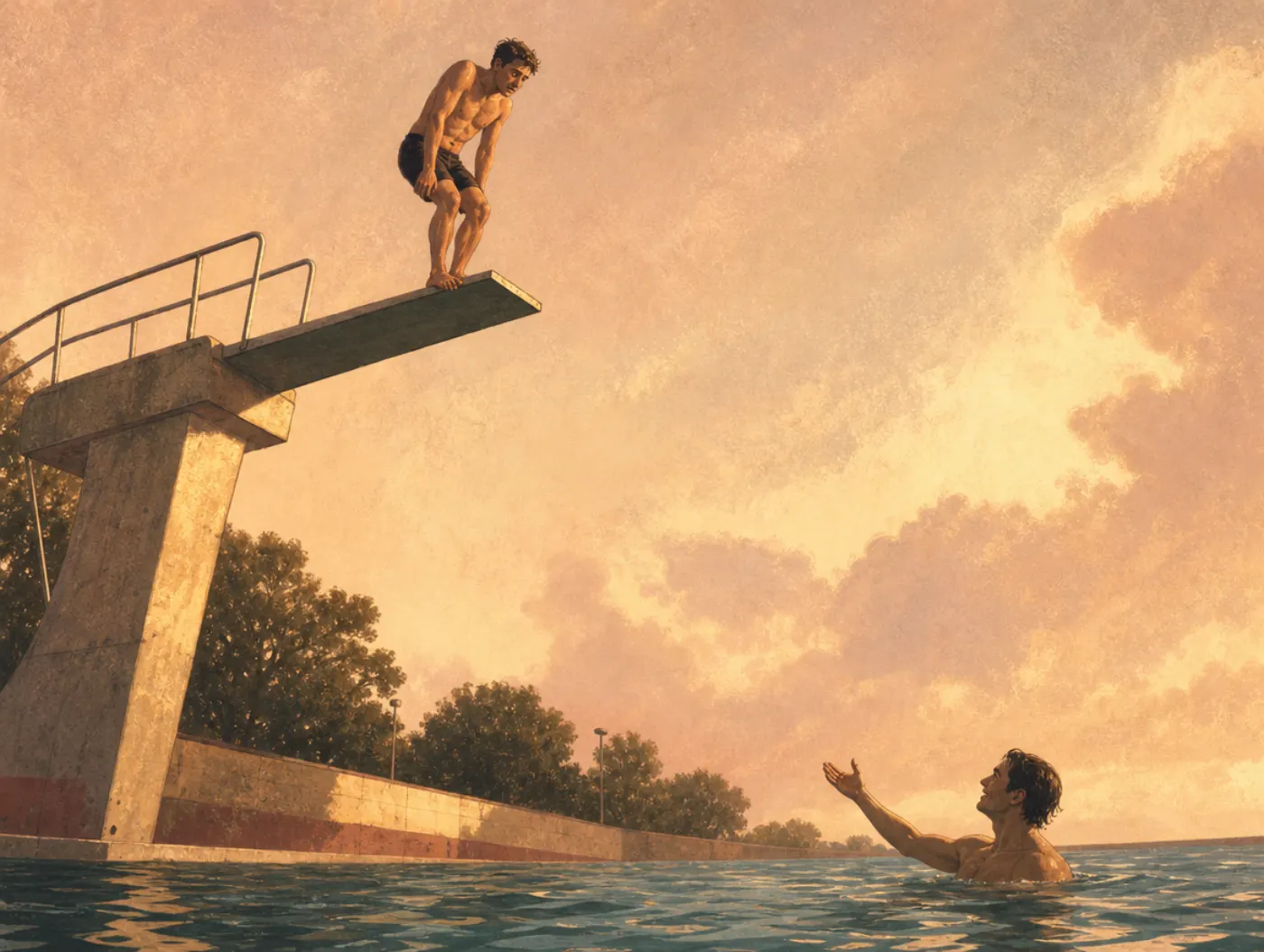 Empathy gap: a tense diver hesitates at the board's edge while a calm swimmer below beckons casually.