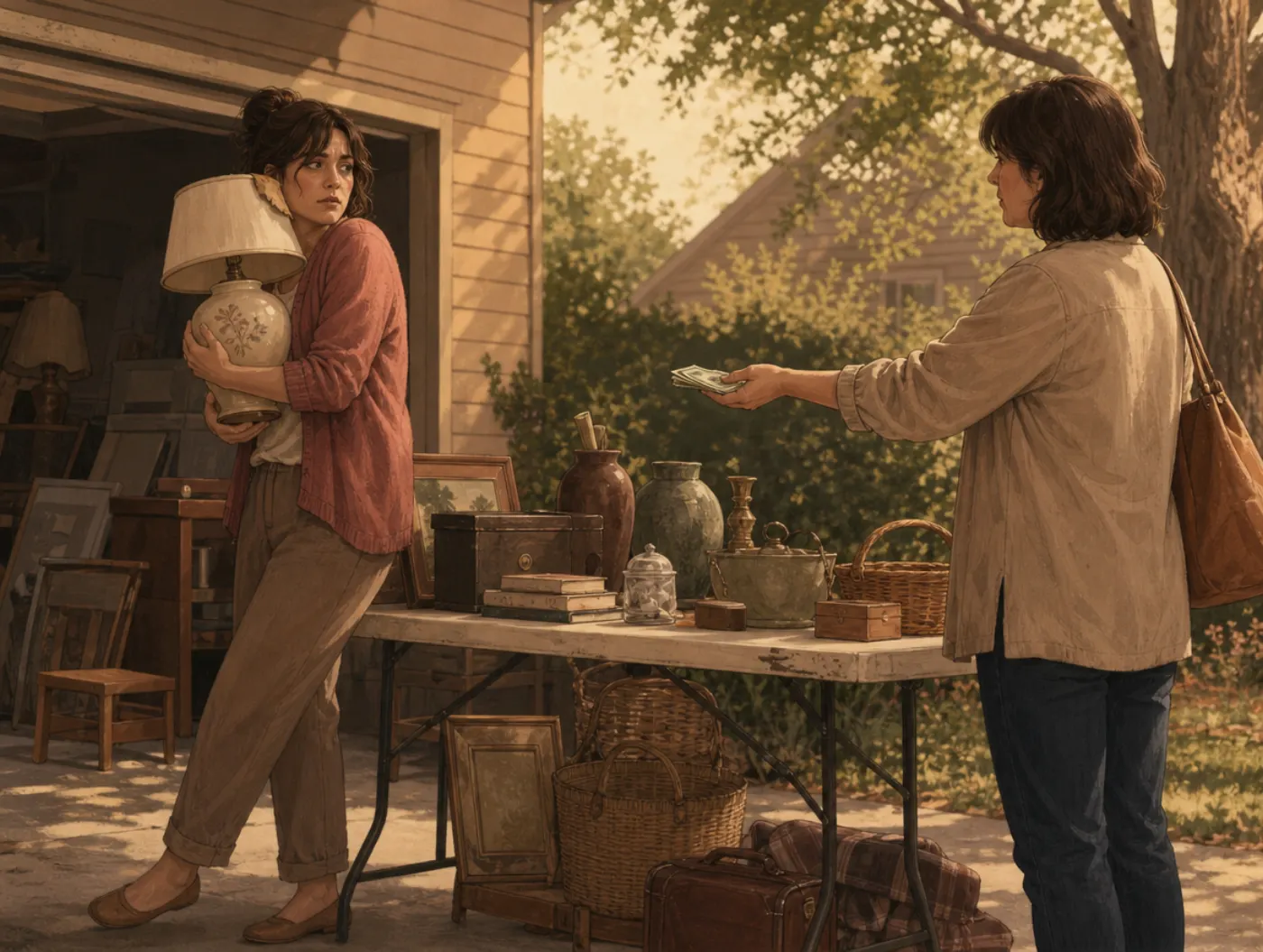 Endowment effect: a yard-sale seller clutches an old lamp to her chest instead of handing it to a buyer offering cash.