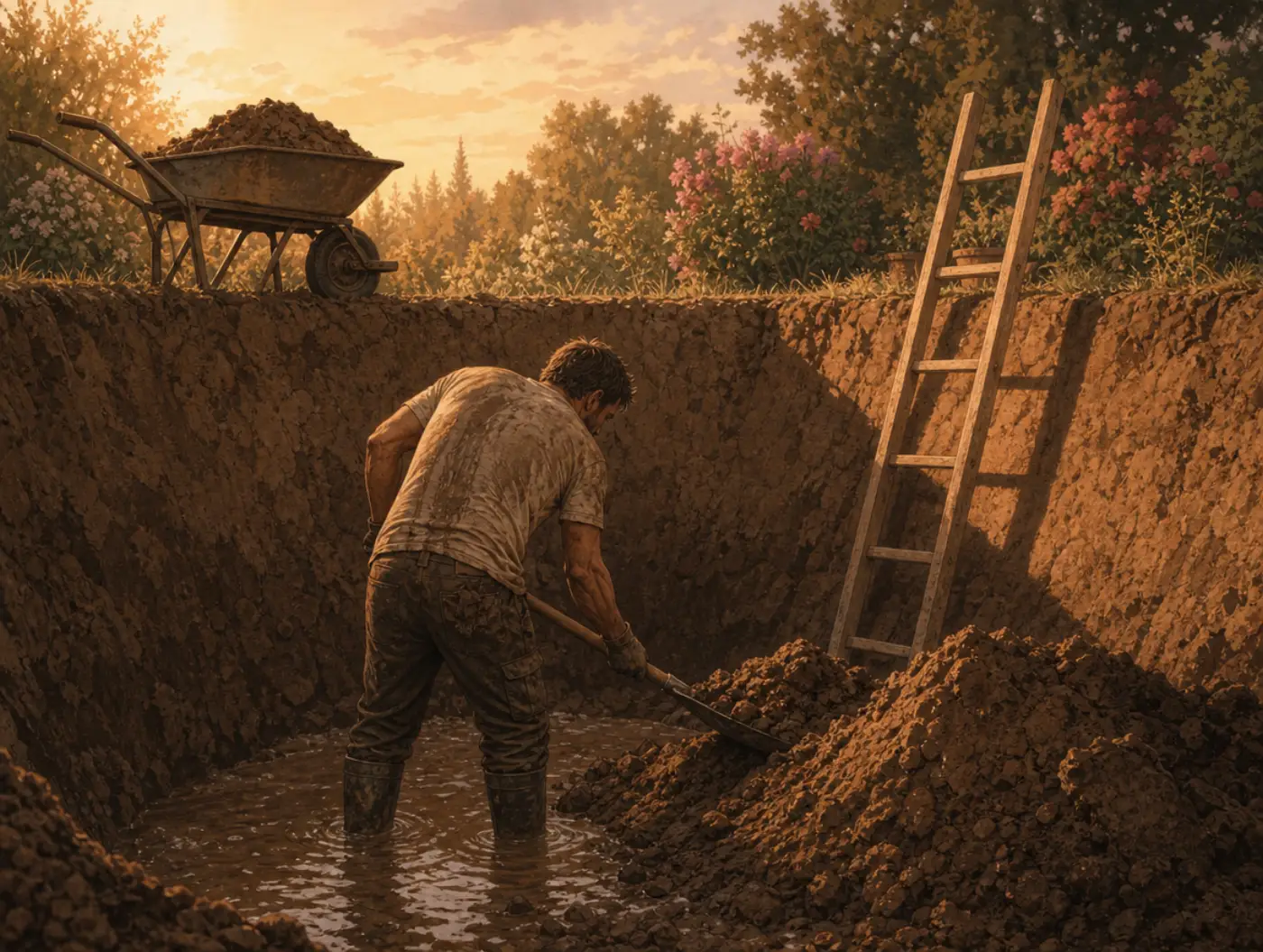 Escalation of commitment: a man keeps shoveling dirt into a flooding hole instead of climbing the ladder beside him.