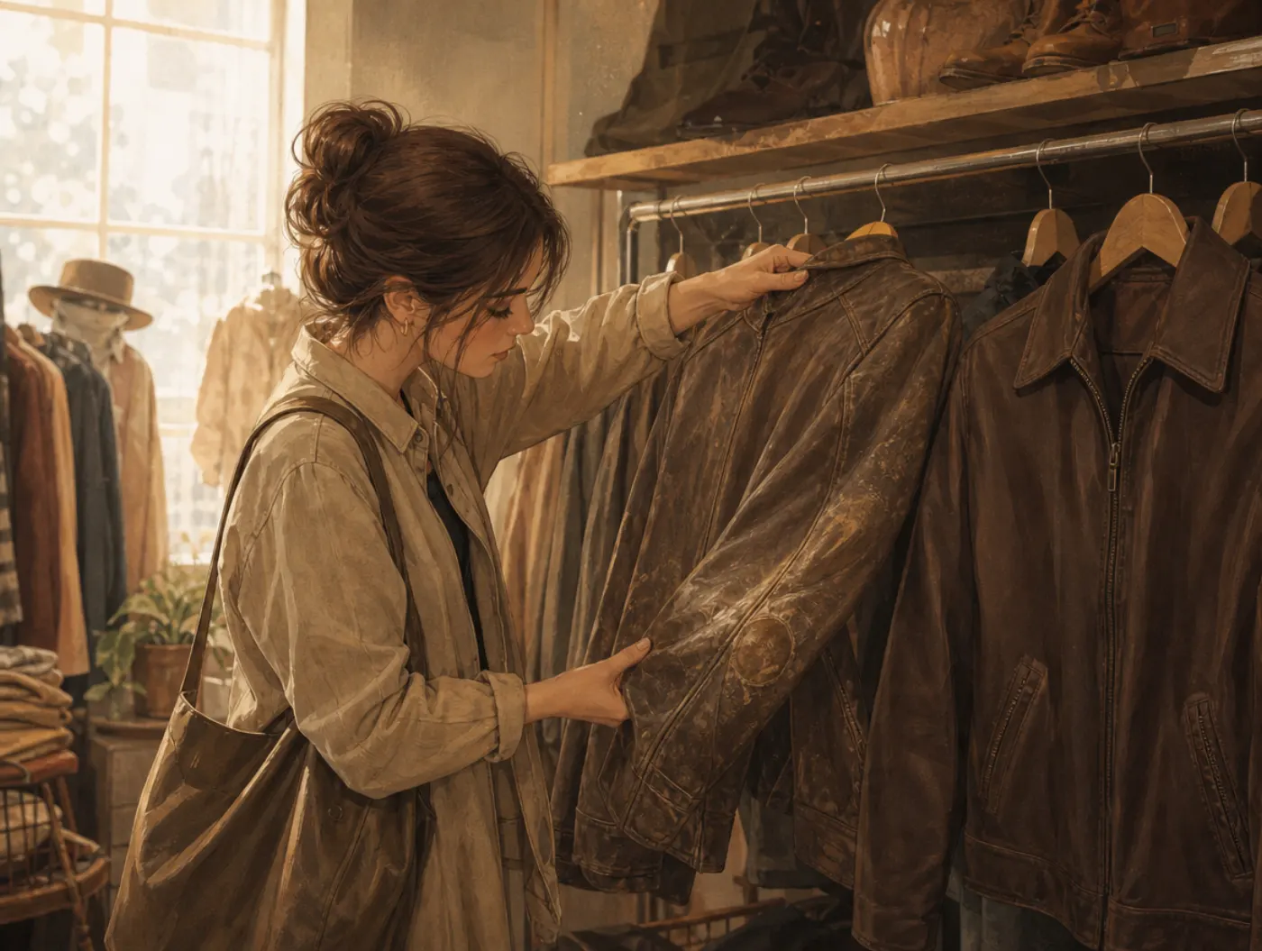 Essentialism: a shopper reverently studies a worn secondhand jacket while an identical new one hangs ignored.