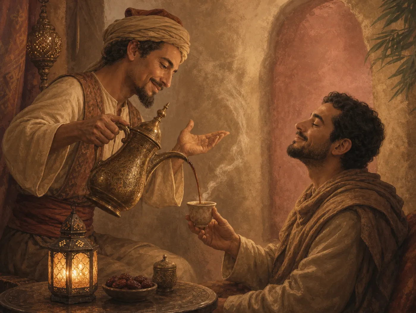 Expectation bias: a guest smiles in anticipation, eyes closed, as a host ceremonially pours a drink not yet tasted.