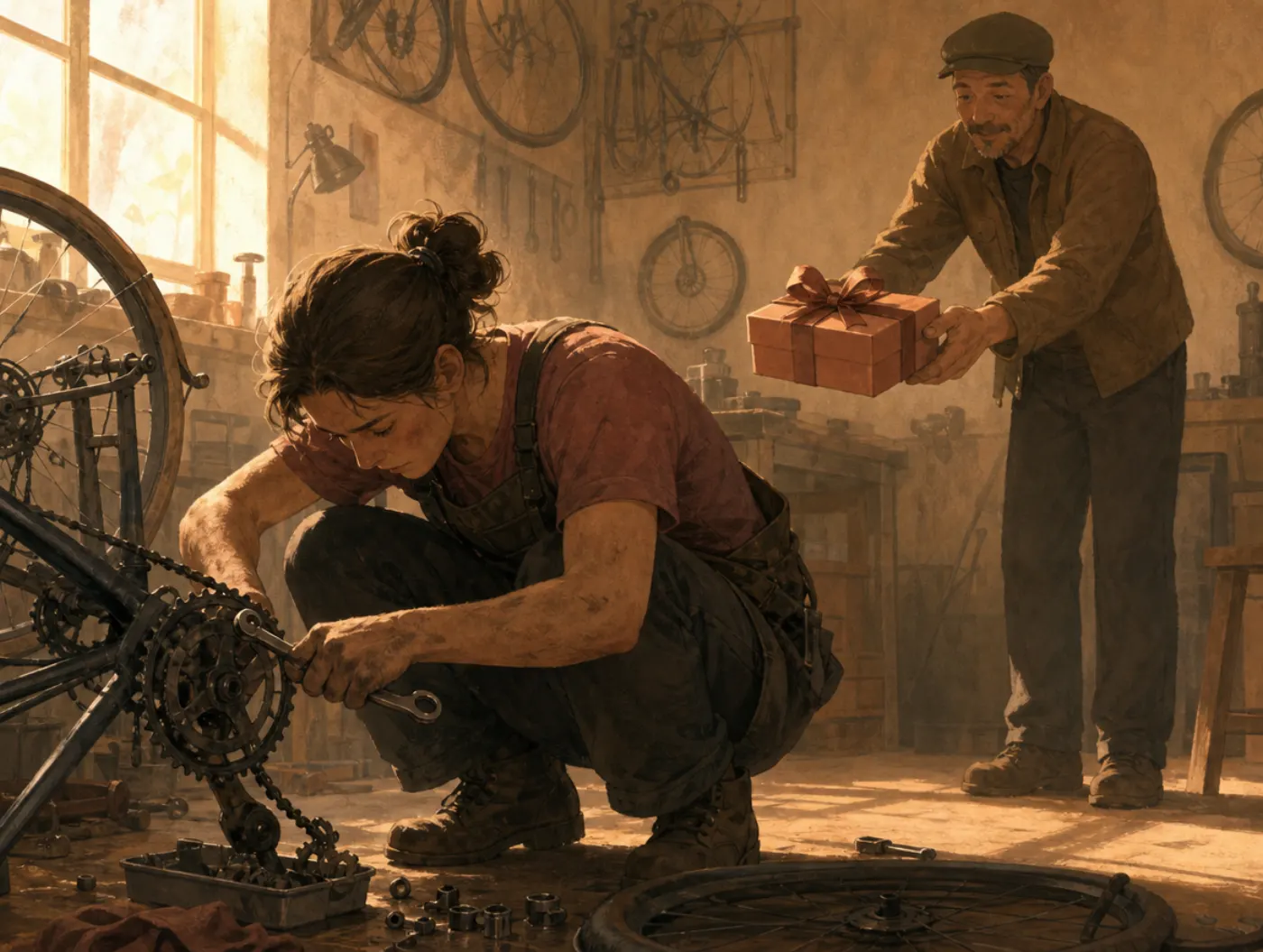Extrinsic Incentive Error: a supervisor offers a wrapped gift while an absorbed mechanic keeps working, ignoring it entirely.