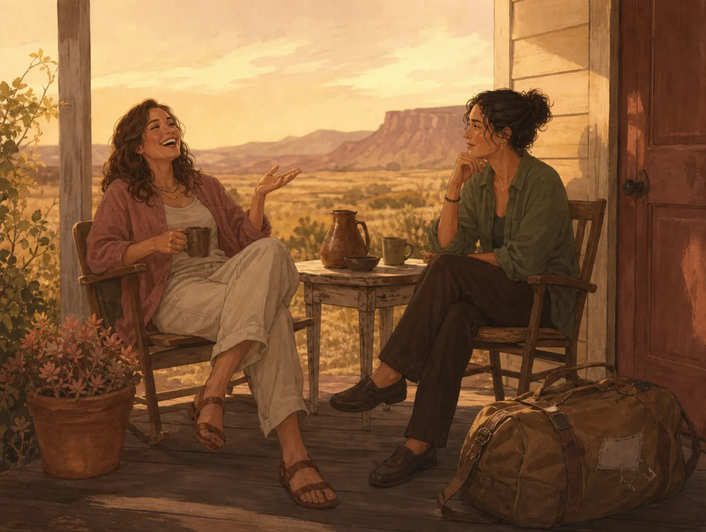 Fading affect bias: a woman laughs retelling an old trip while her listener's stiffer posture hints it wasn't that fun.