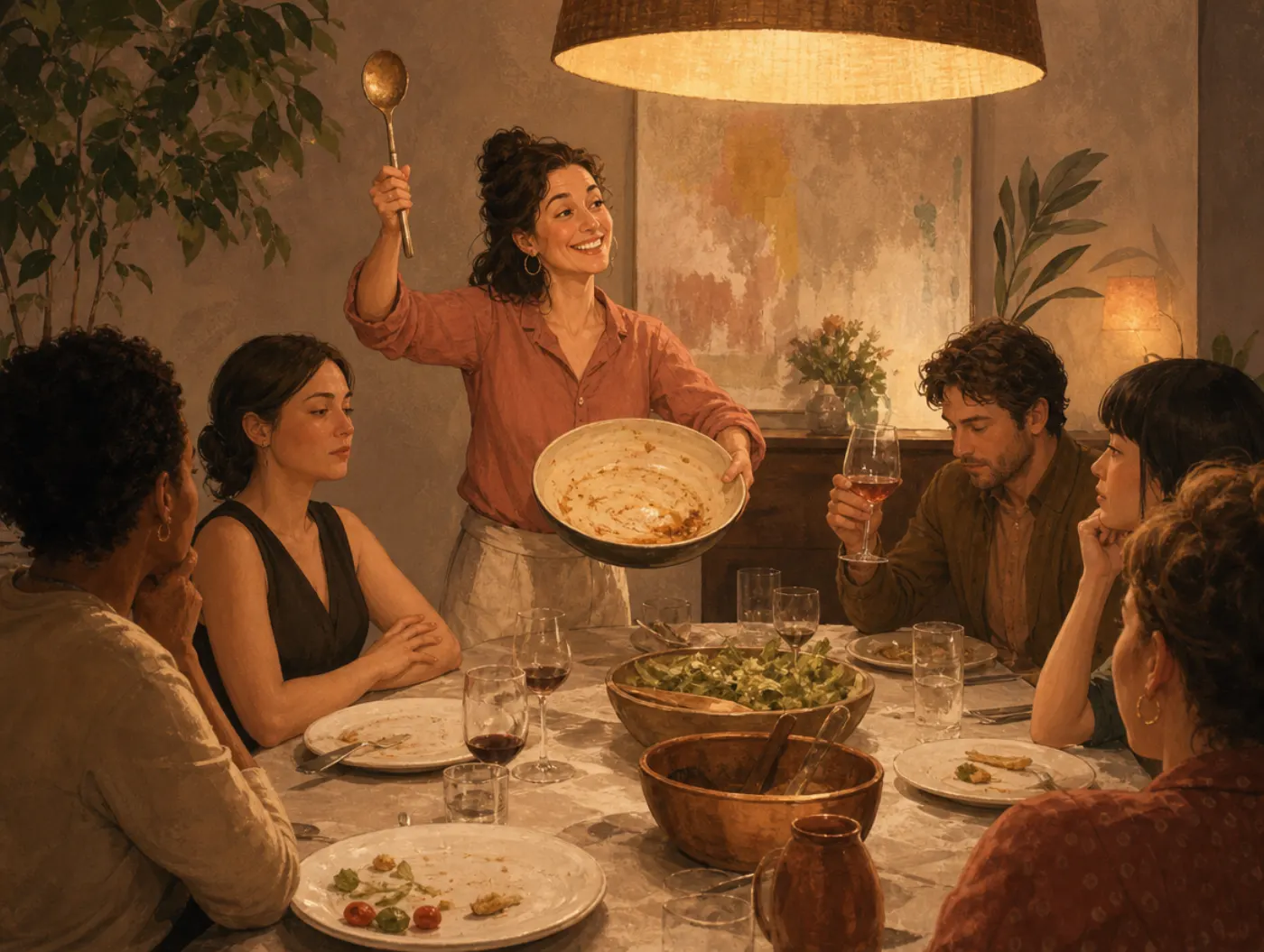 False consensus effect: a beaming host offers seconds, sure everyone agrees, as a guest quietly turns their plate away.