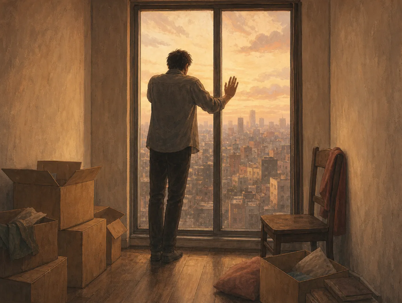 Focusing effect: a man in a cramped apartment leans fully into the window view, ignoring the small room behind him.