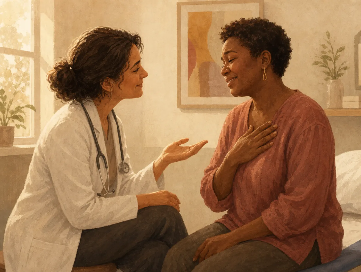 Framing effect: a doctor delivers news with a warm, reassuring gesture as the patient visibly relaxes.