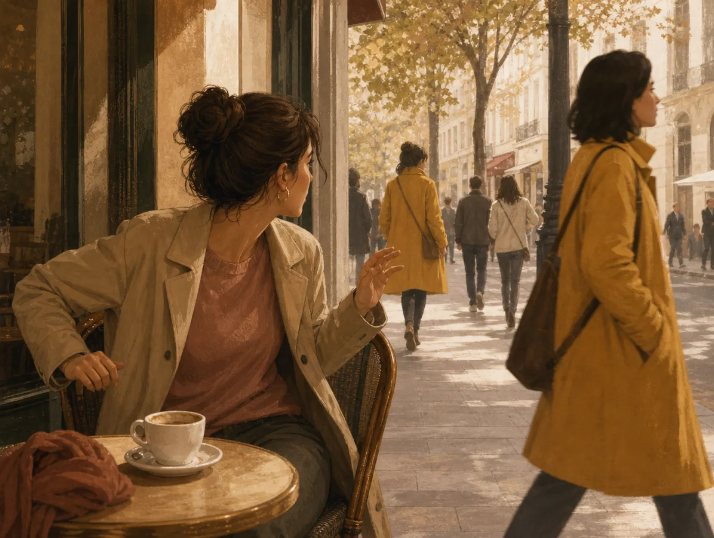 Frequency illusion: a café patron turns sharply, startled to spot two strangers wearing the same yellow coat at once.
