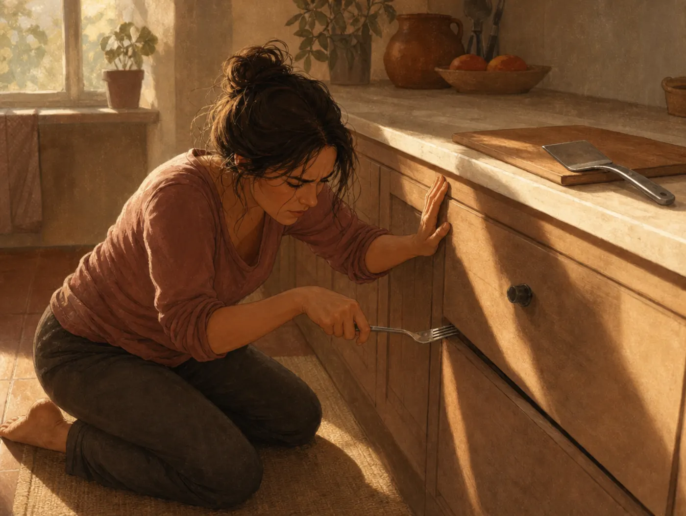 Functional fixedness: a woman strains to pry open a stuck drawer with a fork while a flat spatula sits unused nearby.
