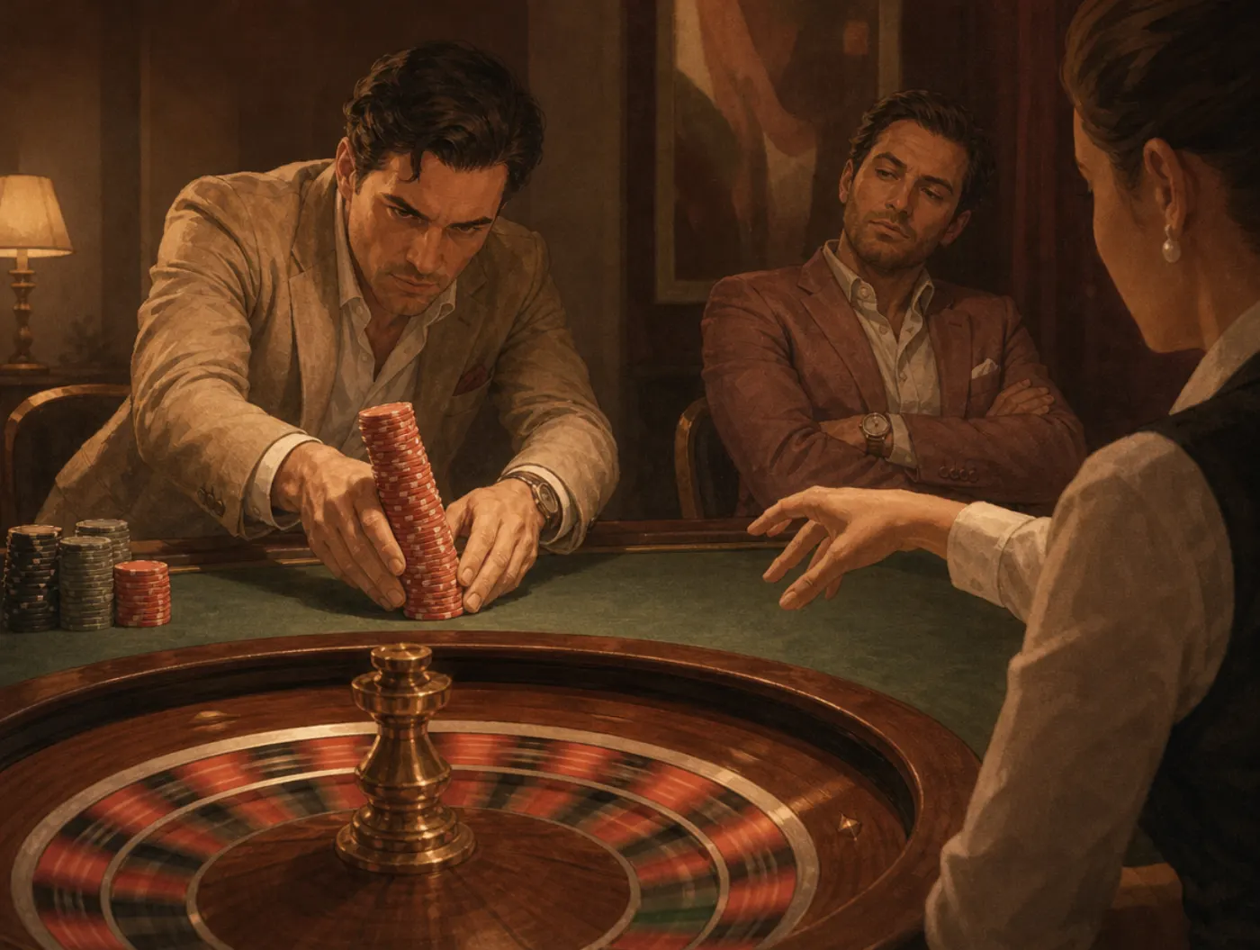 Gambler's fallacy: a gambler pushes a tall stack of chips onto the table, certain a color is due after a long streak.