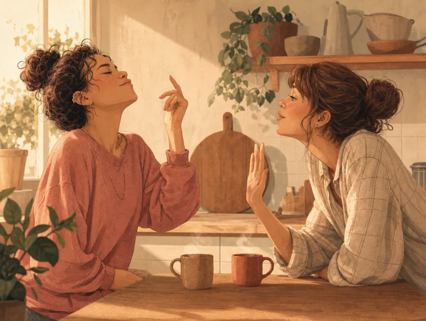 Generation effect: a friend snaps their fingers with eyes shut, racing to recall a word before being told.
