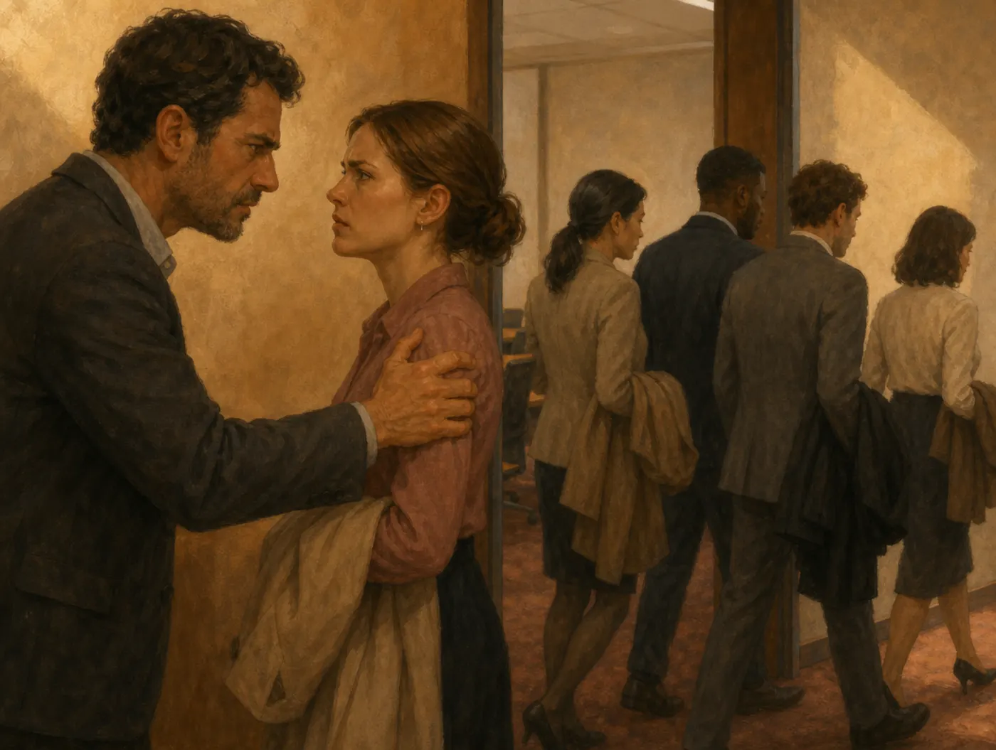 Group Attribution Error: a man grips a colleague's shoulder and blames her for a group decision as the others file out of the meeting room behind them.