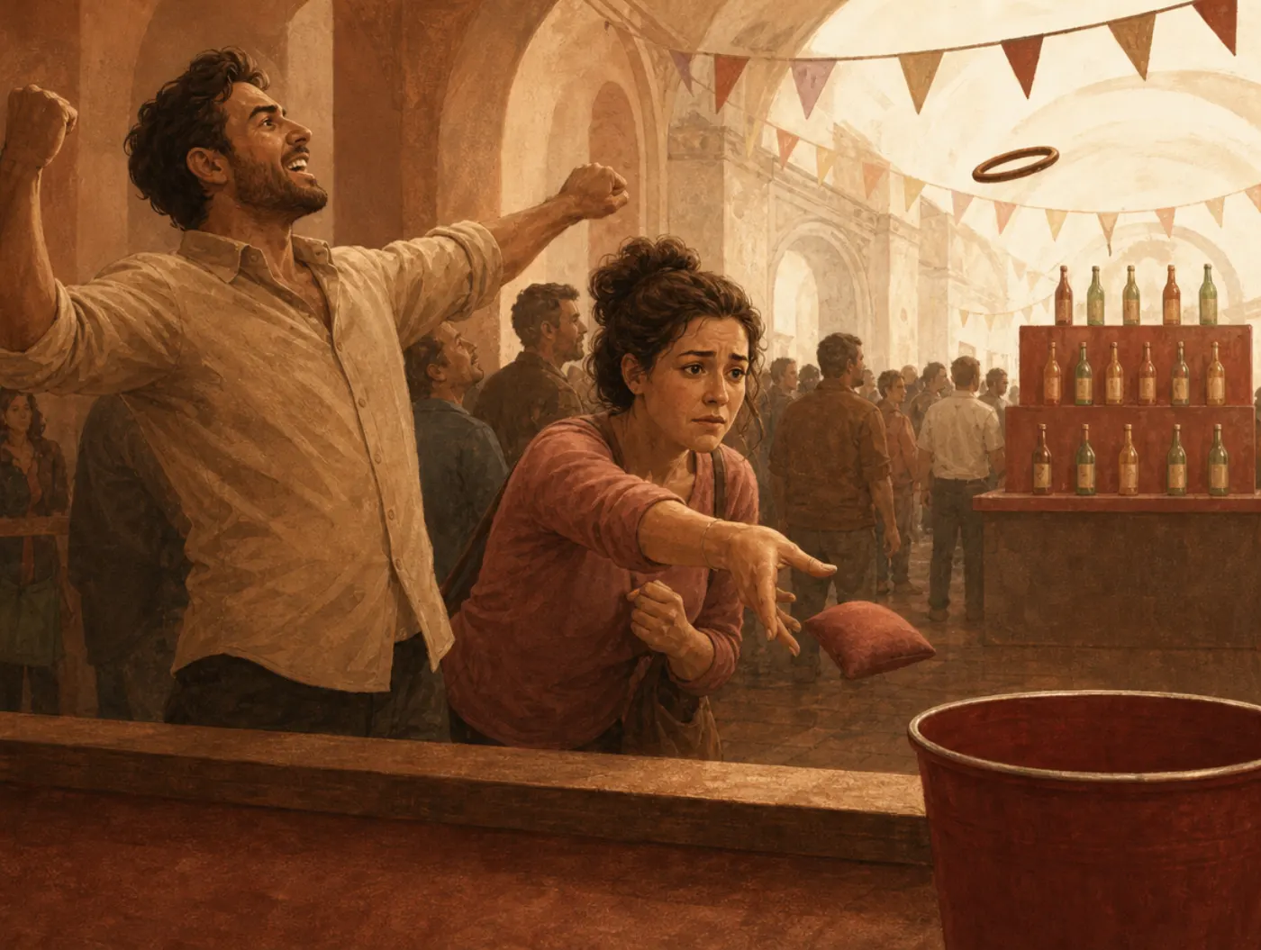 Hard-easy effect: a man swaggers through a near-impossible carnival throw while a woman beside him doubts an easy one.