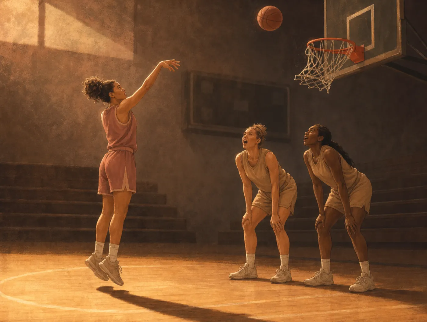 Hot-hand fallacy: a basketball player shoots again as teammates watch, certain the streak guarantees another make.