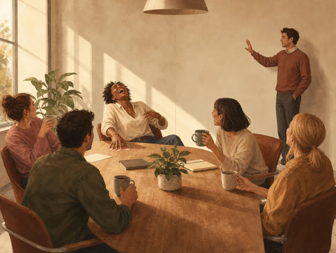 Humor Effect: in a meeting, everyone turns toward a colleague laughing while the presenting manager is ignored mid-gesture.