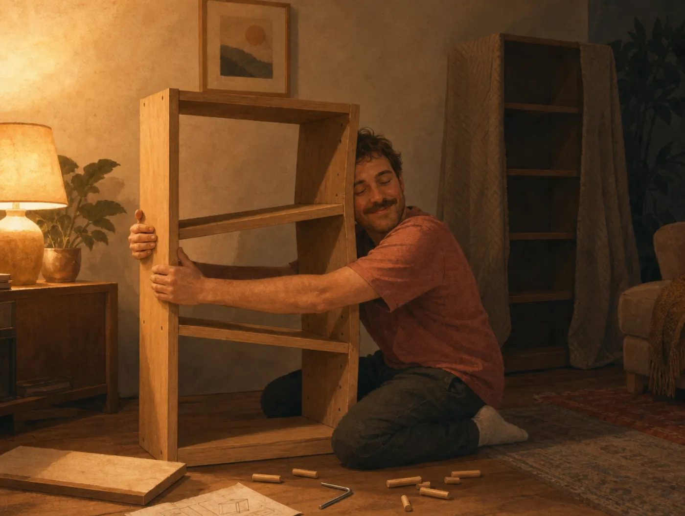 IKEA Effect: a man proudly hugs his crooked, self-built shelf while an identical finished one sits ignored behind him.