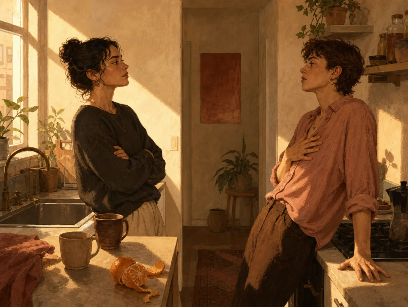 Illusion of asymmetric insight: two roommates in a kitchen stare at each other, each certain they see through the other.