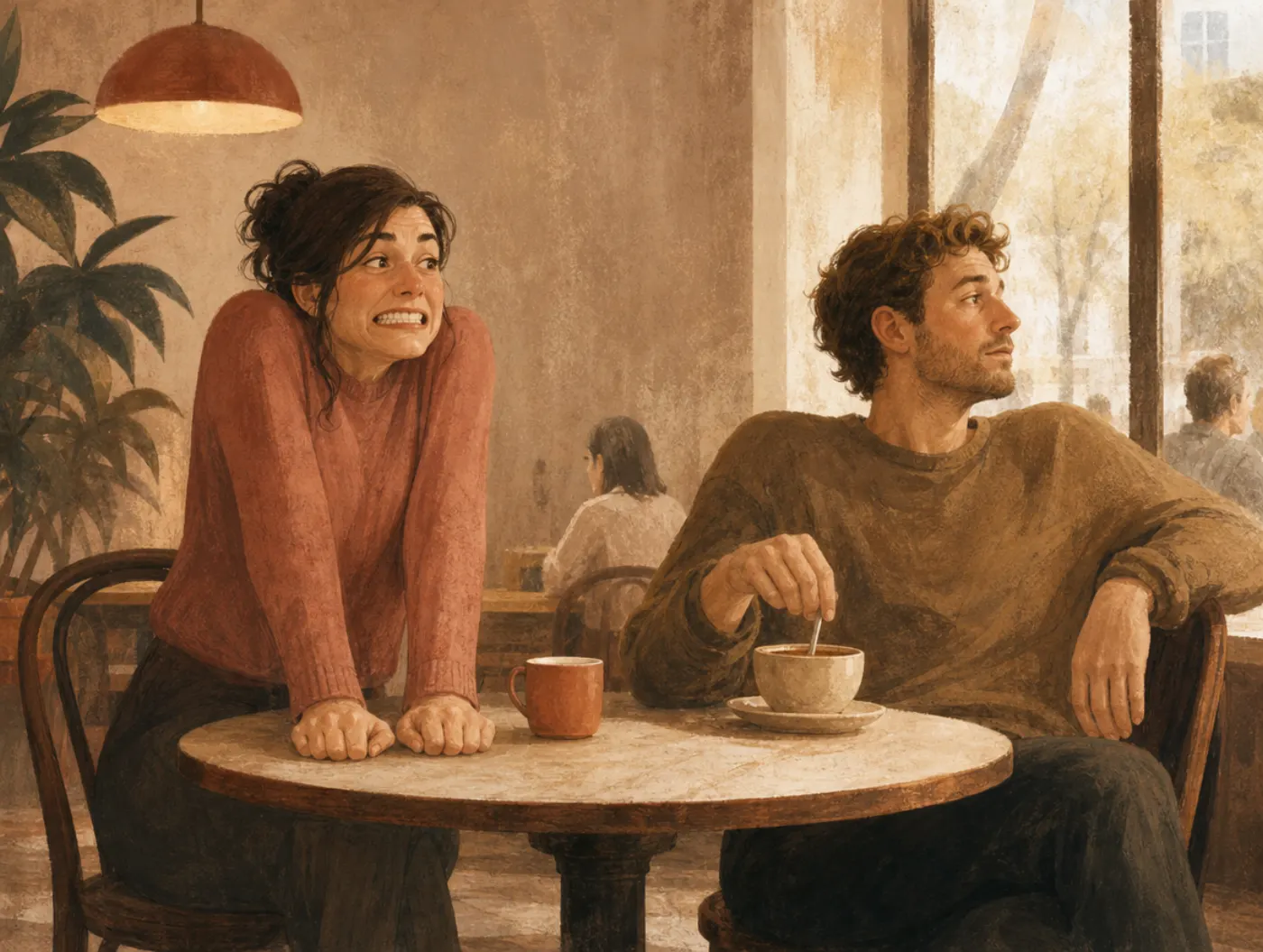 Illusion of transparency: a tense, white-knuckled adult feels exposed while their relaxed companion notices nothing.