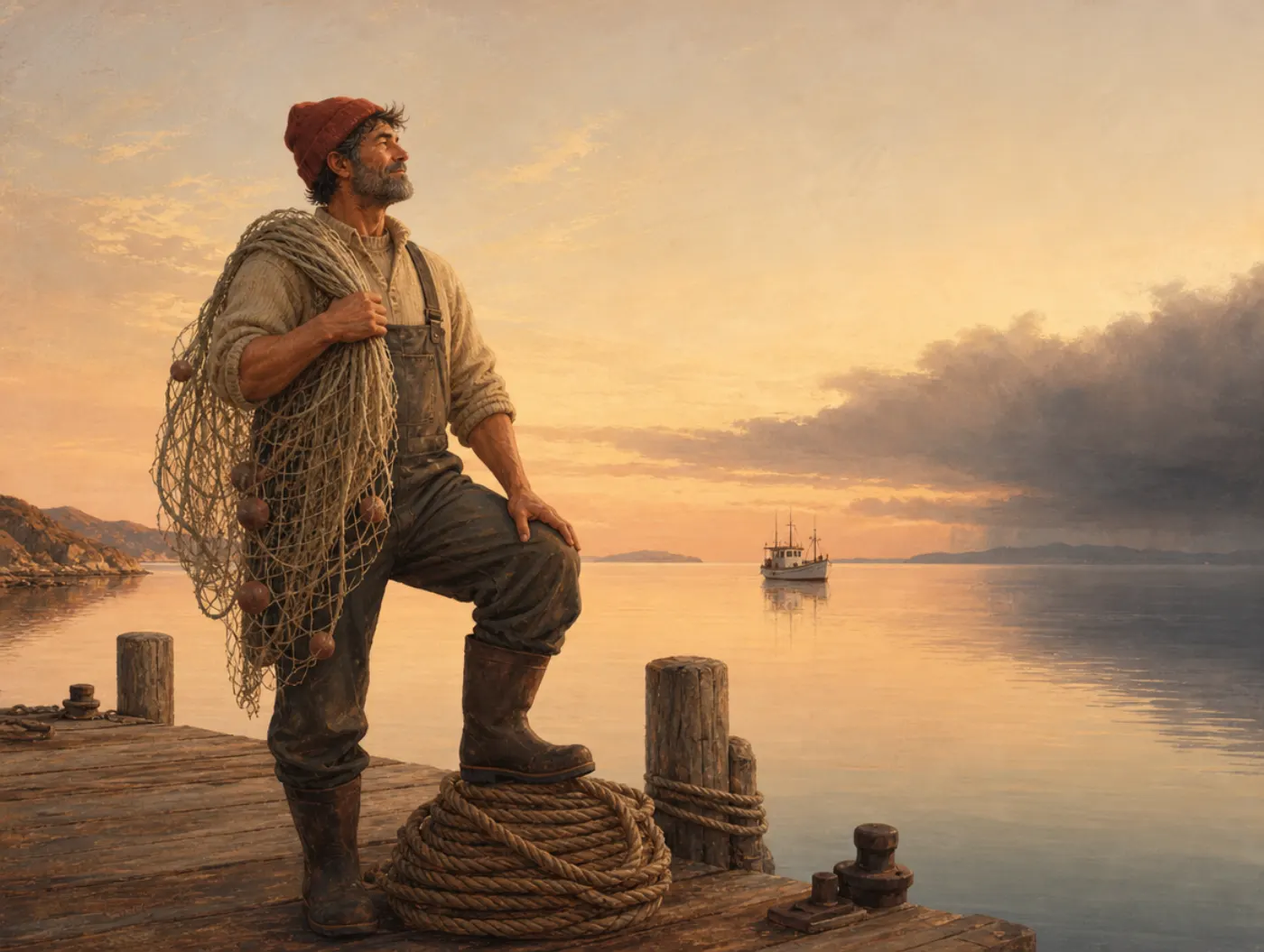 Illusion of validity: a fisherman stands sure and relaxed on a calm dock, unaware of a storm gathering on the horizon.