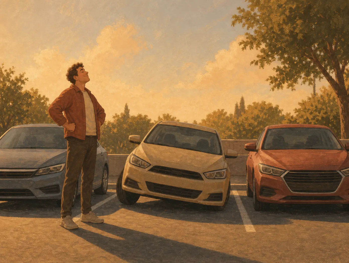 Illusory superiority: a driver beams with pride over a crookedly parked car between two perfectly straight ones.