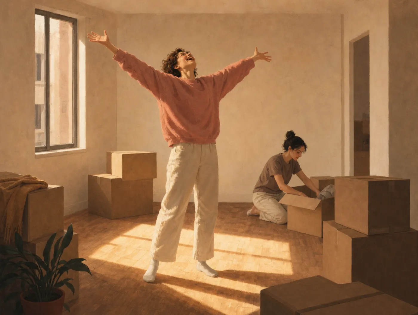 Impact bias: one person celebrates wildly in an empty new apartment while another calmly unpacks beside them.
