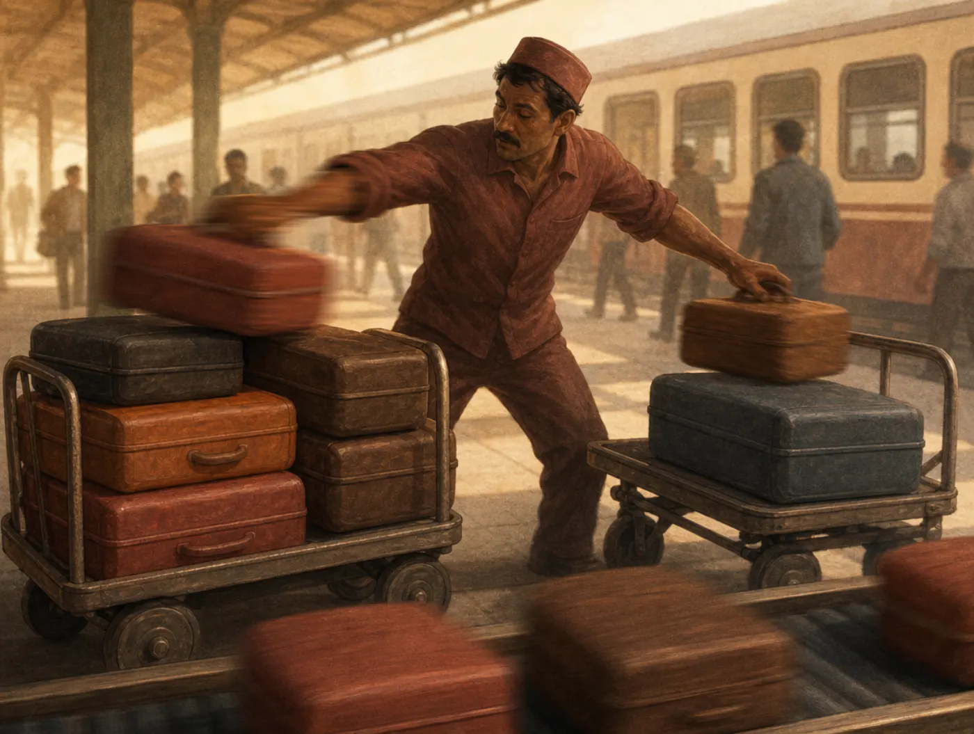 Implicit association shown as a porter's body leaning to sort suitcases onto one cart before he consciously decides.