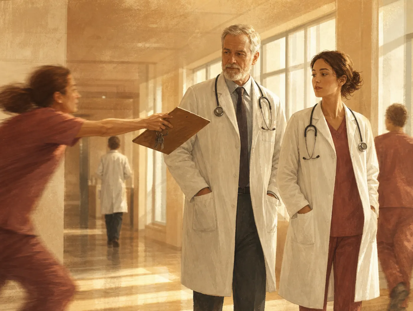 Implicit stereotypes: a passerby reflexively hands hospital keys to the male colleague, overlooking the woman beside him.
